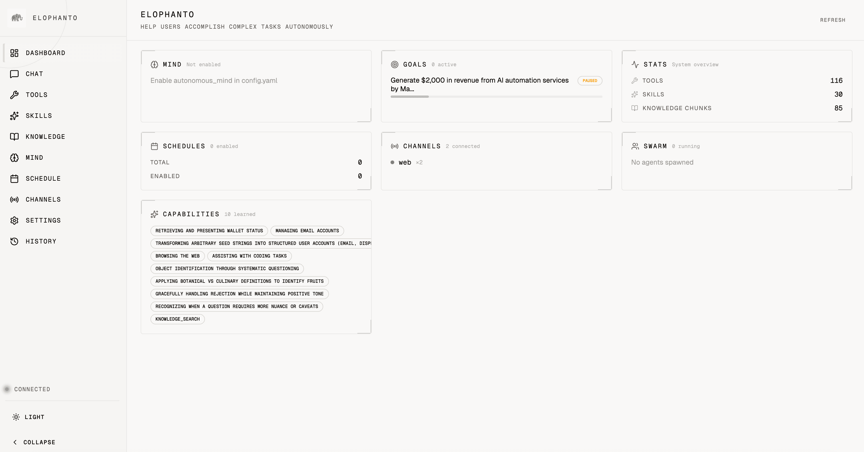 EloPhanto web dashboard showing mind, goals, stats, capabilities, and swarm