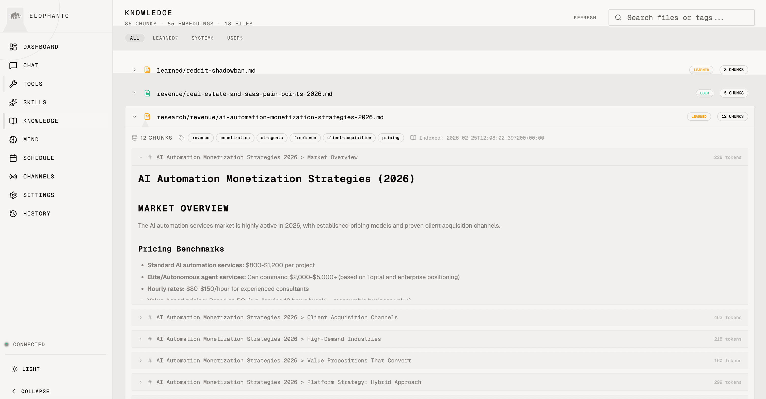 EloPhanto knowledge base with embeddings and lesson extraction