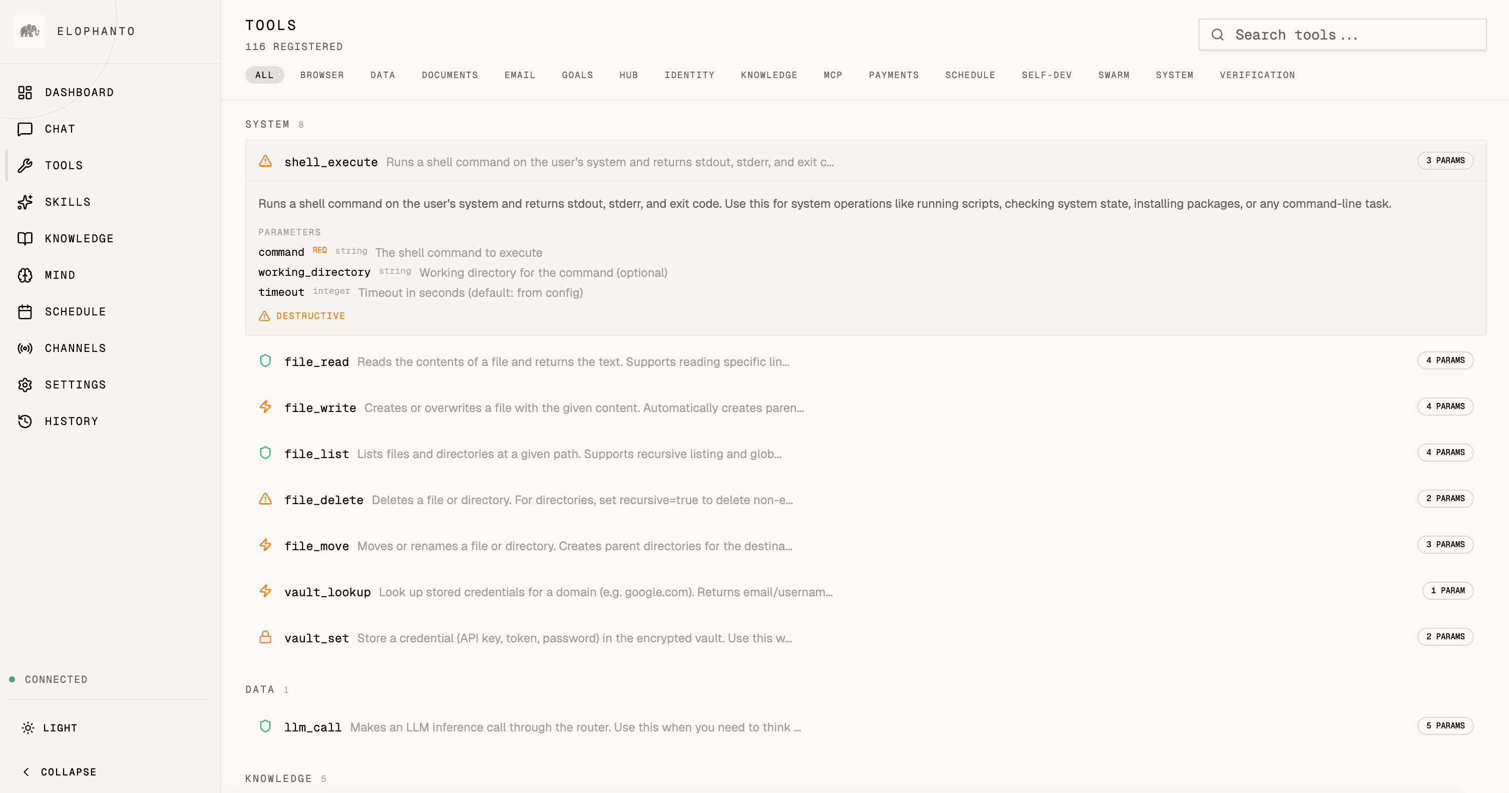 EloPhanto tool registry with 116 registered tools